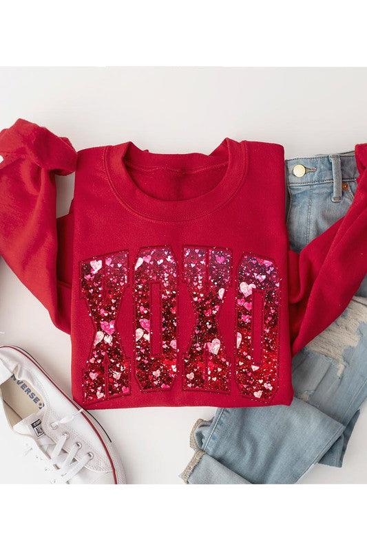 Fleece Sweatshirt Sequin XOXO - Three Mad Hatters Mercantile 