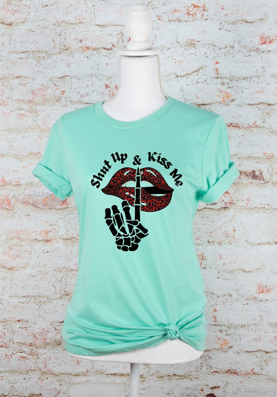 Shup Up and Kiss Me Graphic Tee T- Shirt Heather Mint L 