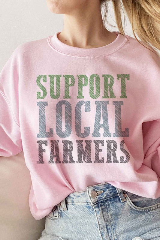 SUPPORT LOCAL FARMERS GRAPHIC SWEATSHIRT  PINK SMALL 