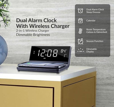 Supersonic Dual Alarm Clock with Wireless Charger