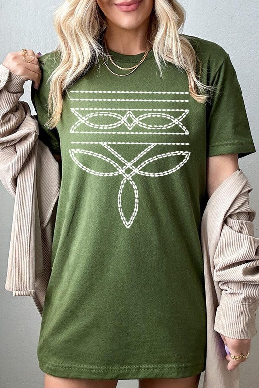 Western Boot Stitch Graphic T Shirts  OLIVE S 