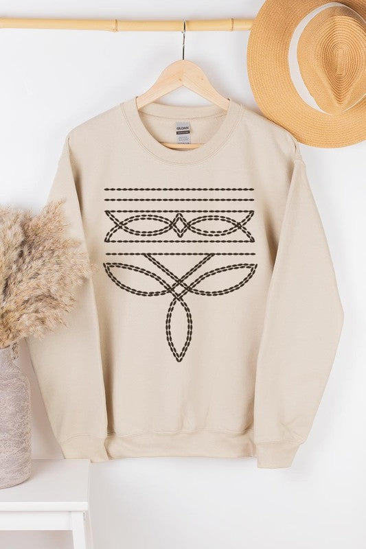 Western Boot Stitch Graphic Fleece Sweatshirts  SAND S 