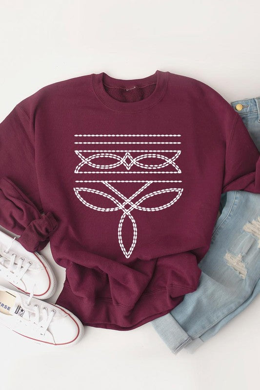 Western Boot Stitch Graphic Fleece Sweatshirts  MAROON S 