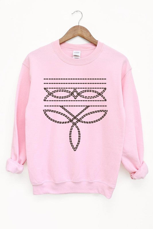 Western Boot Stitch Graphic Fleece Sweatshirts  LIGHT PINK S 