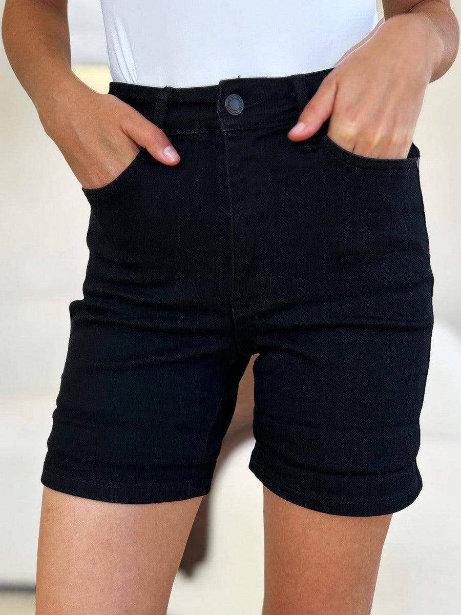Judy Blue Full Size High Waist Tummy Control Cuffed Denim Shorts - Three Mad Hatters Mercantile 