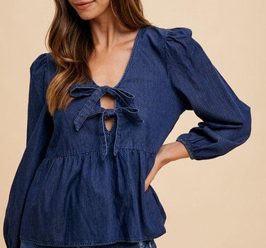 Annie Wear Tie Front Peplum Long Sleeve Denim Top