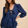 Annie Wear Tie Front Peplum Long Sleeve Denim Top