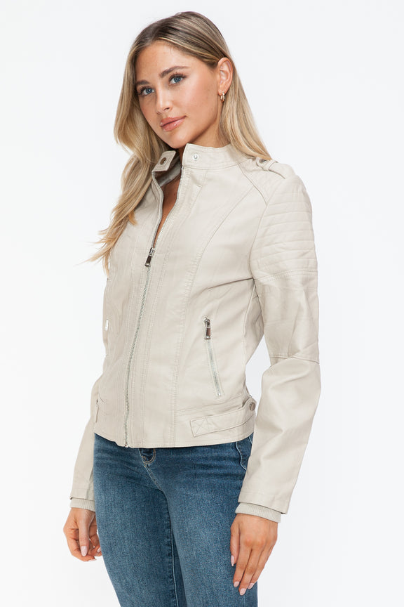 Snobbish PU Leather Biker Jacket with Side Zip Pockets Womens Jacket