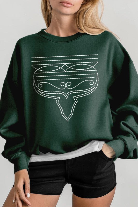 Western Boot Stitch Graphic Fleece Sweatshirts  FOREST GREEN S 