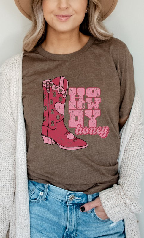 Howdy Honey XOXO Boots Valentines Graphic Tee Womens Graphic T-shirt Heather Brown S 