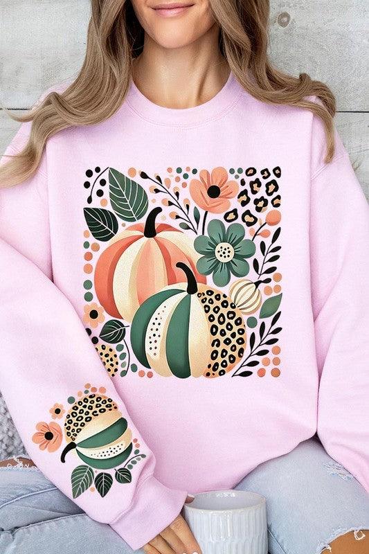 Boho Fall Leopard Pumpkins Graphic Sweatshirt - Three Mad Hatters Mercantile 