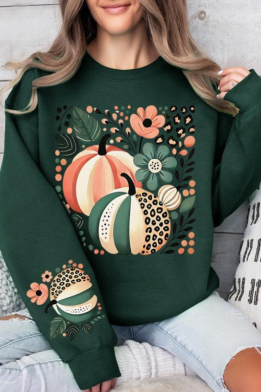 Boho Fall Leopard Pumpkins Graphic Sweatshirts  FOREST GREEN S 