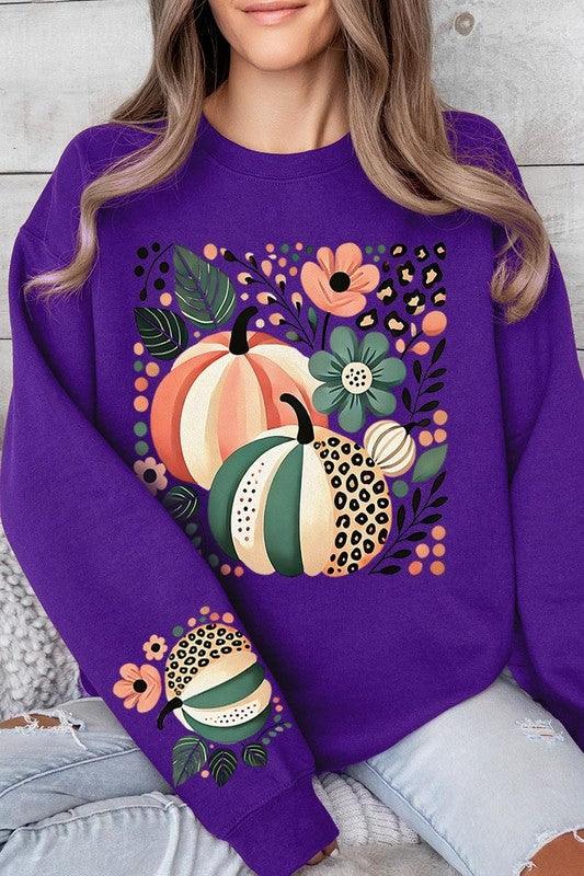 Boho Fall Leopard Pumpkins Graphic Sweatshirt - Three Mad Hatters Mercantile 