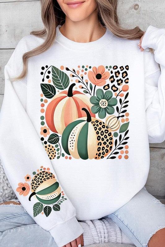 Boho Fall Leopard Pumpkins Graphic Sweatshirt - Three Mad Hatters Mercantile 