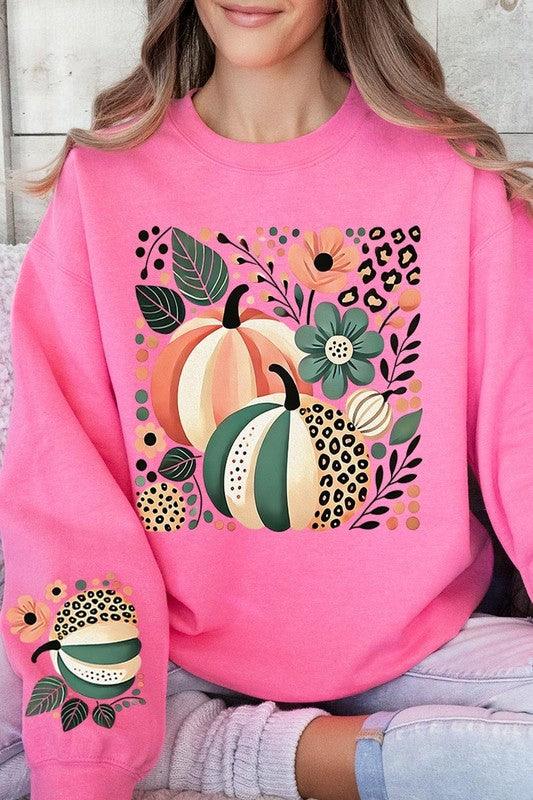 Boho Fall Leopard Pumpkins Graphic Sweatshirt - Three Mad Hatters Mercantile 