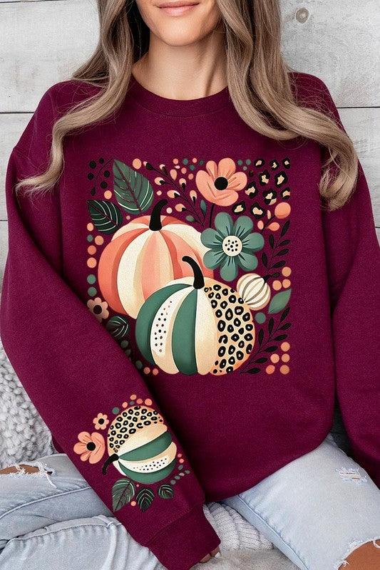 Boho Fall Leopard Pumpkins Graphic Sweatshirt - Three Mad Hatters Mercantile 