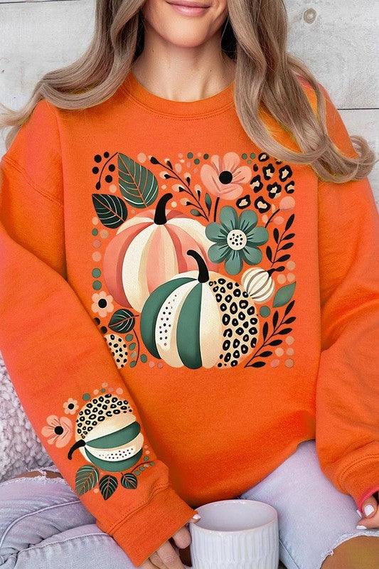 Boho Fall Leopard Pumpkins Graphic Sweatshirt - Three Mad Hatters Mercantile 