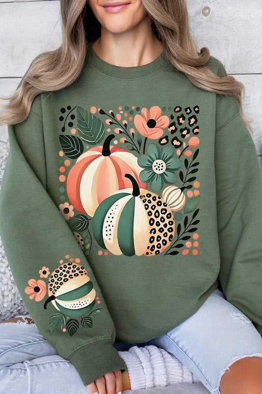 Boho Fall Leopard Pumpkins Graphic Sweatshirts  MILITARY GREEN S 