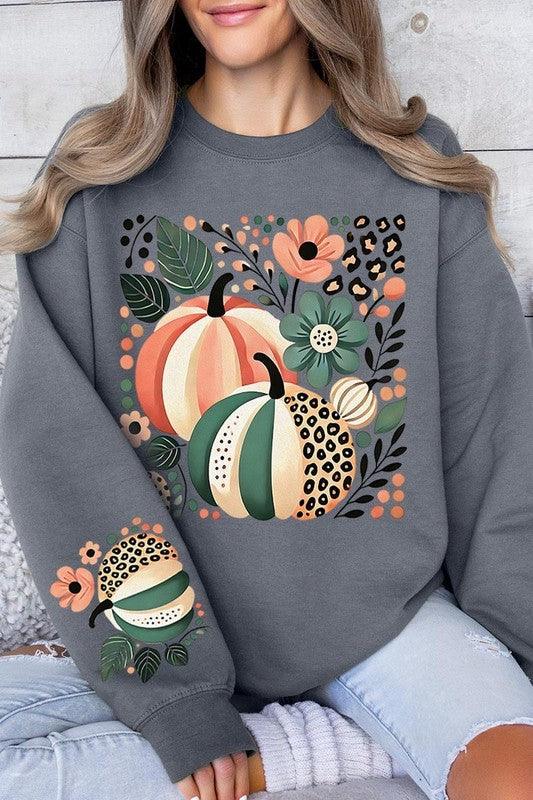Boho Fall Leopard Pumpkins Graphic Sweatshirt - Three Mad Hatters Mercantile 