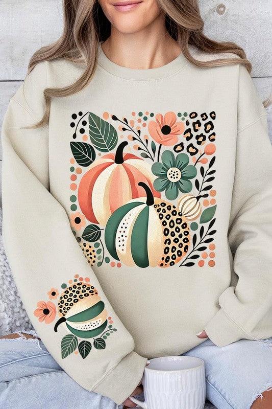 Boho Fall Leopard Pumpkins Graphic Sweatshirt - Three Mad Hatters Mercantile 