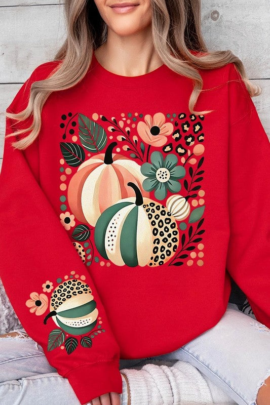 Boho Fall Leopard Pumpkins Graphic Sweatshirts  RED S 