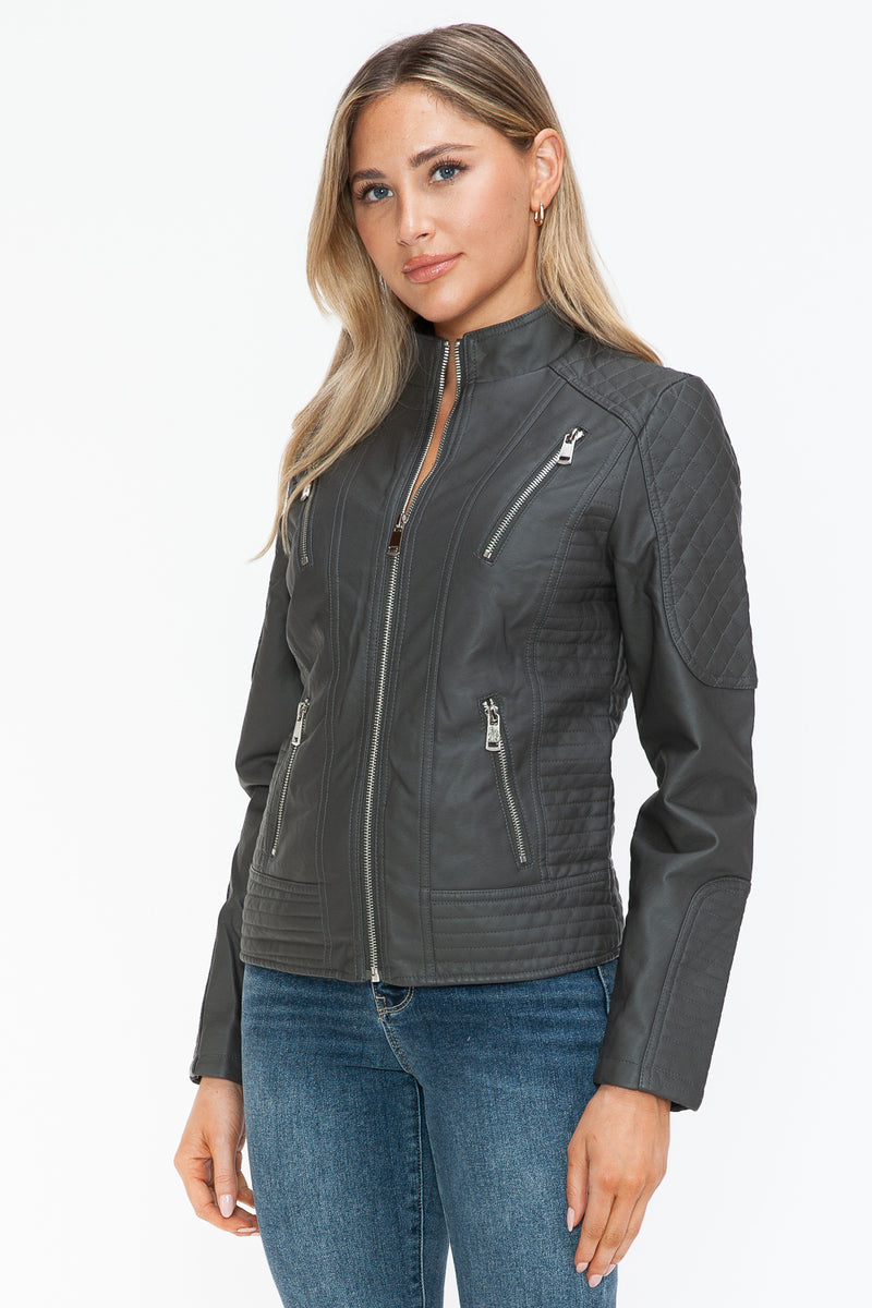 Snobbish Faux Leather Zip Up Mock Neck Jacket Womens Jacket