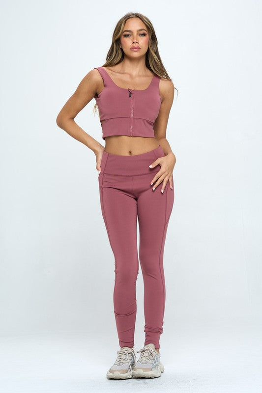 Zip Up Crop Sports Tank Top Set Activewear Set   