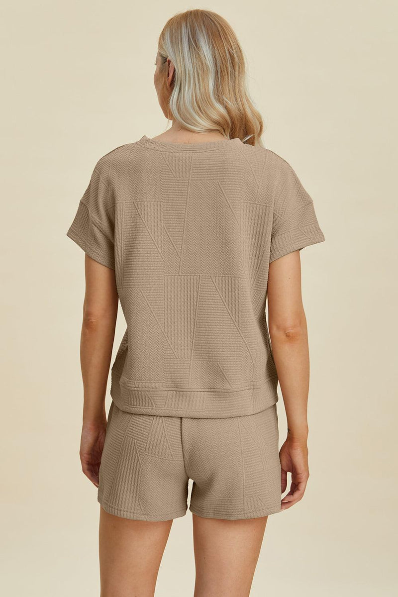 Double Take Full Size Texture Short Sleeve Top and Shorts Set - Three Mad Hatters Mercantile 