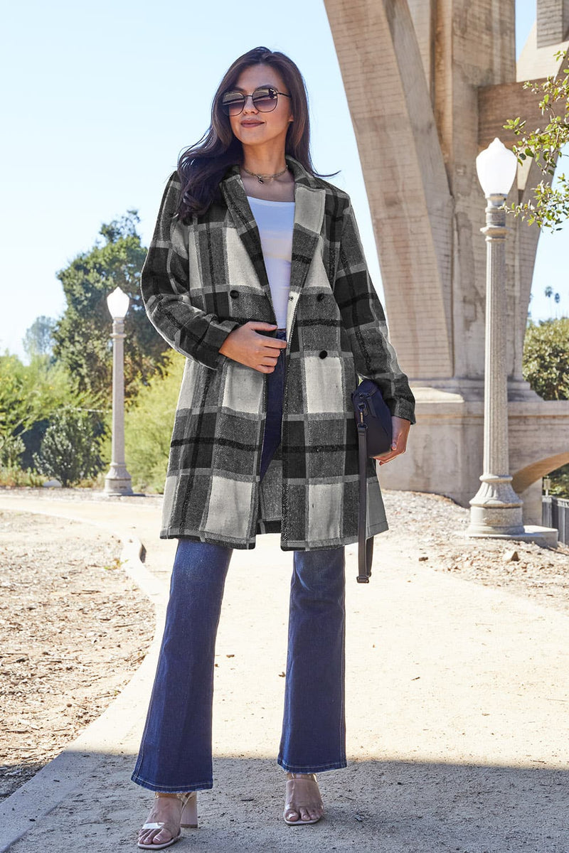 Double Take Plaid Button Up Lapel Collar Coat Womens Plaid Lapel Collar Coat Black S