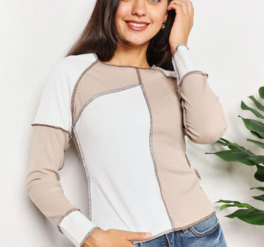 Double Take Color Block Exposed Seam Top