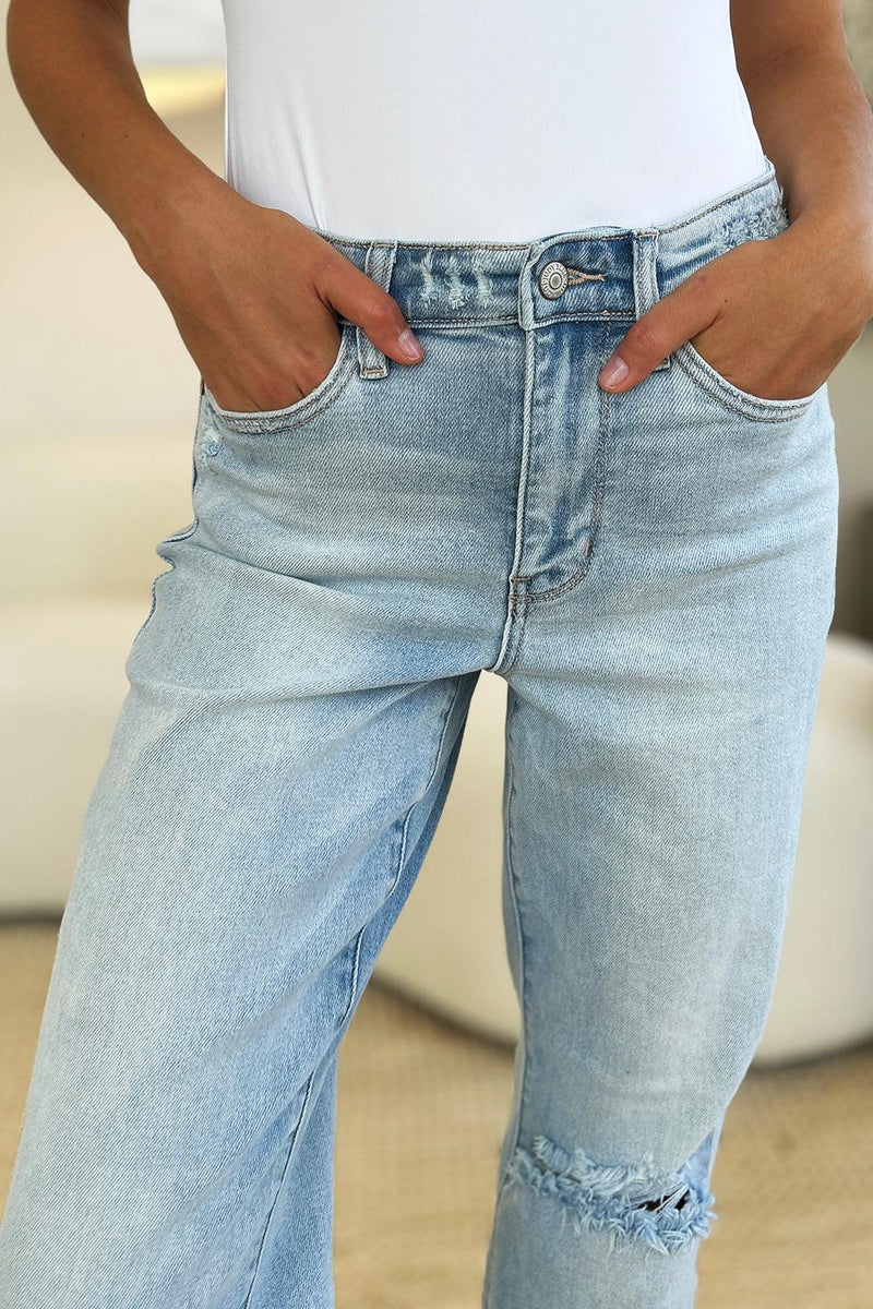 Judy Blue Full Size High Waist Distressed Straight Jeans - Three Mad Hatters Mercantile 