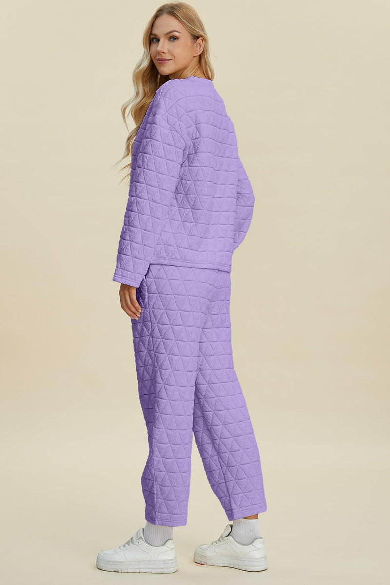 Double Take Textured Long Sleeve Top and Pants Set - Three Mad Hatters Mercantile 