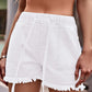 Drawstring Raw Hem Denim Shorts  White S 