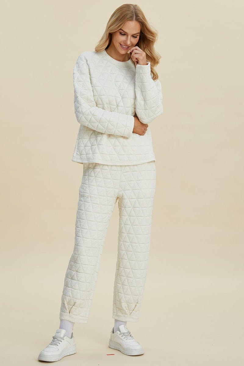 Double Take Textured Long Sleeve Top and Pants Set - Three Mad Hatters Mercantile 