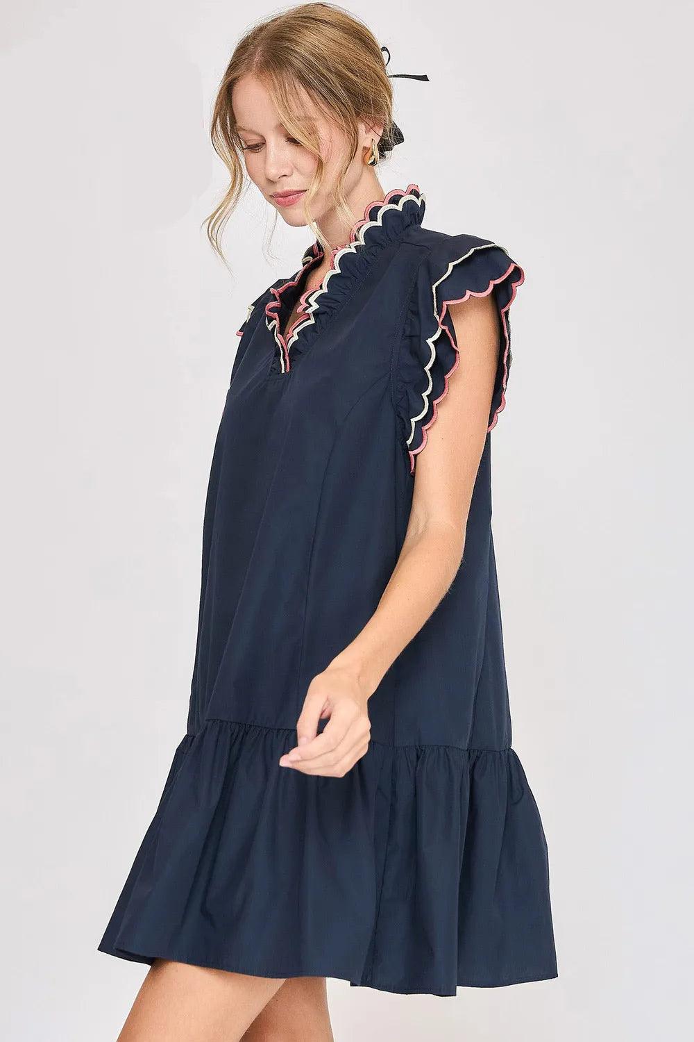 Umgee Ruffled Scalloped Sleeved Dress Plus Size - Three Mad Hatters Mercantile 