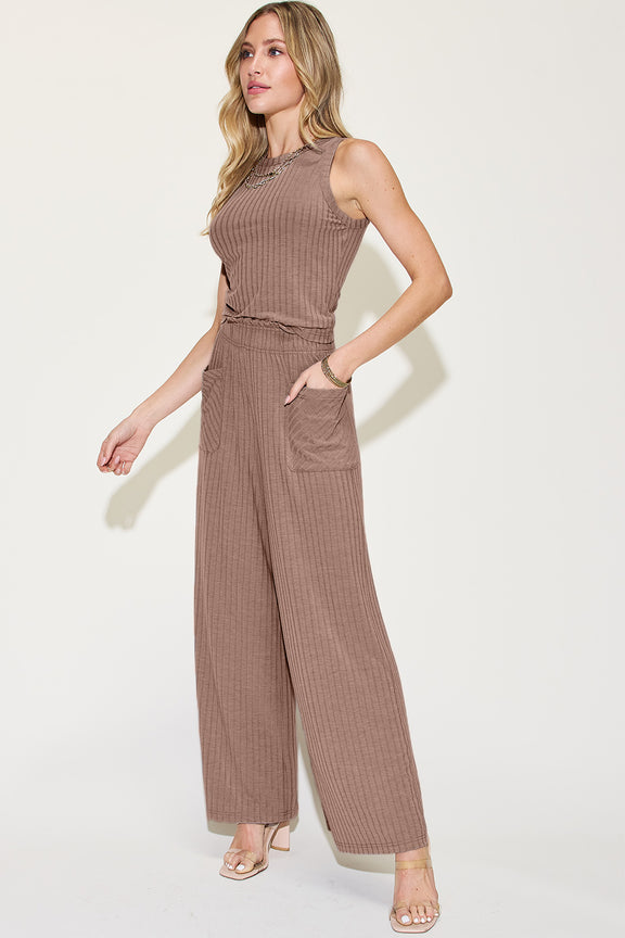 Basic Bae Full Size Ribbed Tank and Wide Leg Pants Set Womens Pant Set   