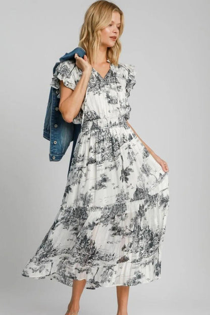 Umgee Two Tone Landscape Print Midi Dress Plus Size - Three Mad Hatters Mercantile 