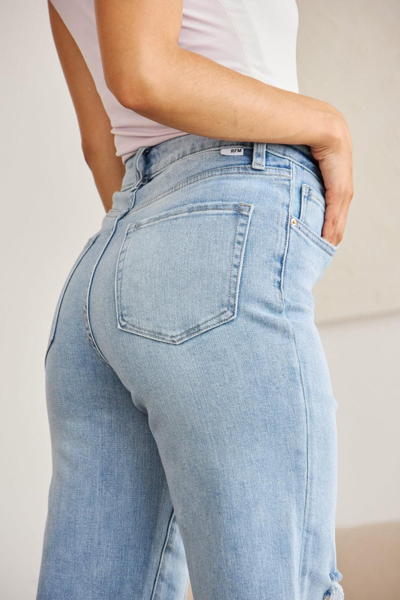 RFM Tummy Control High Waist Raw Hem Distressed Jeans - Three Mad Hatters Mercantile 
