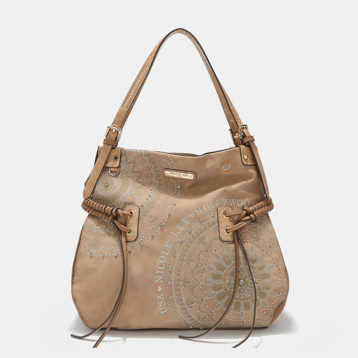 Nicole Lee USA Side Braided Tassel Inlaid Rhinestone Embroidery Hobo Bag  Beige One Size 