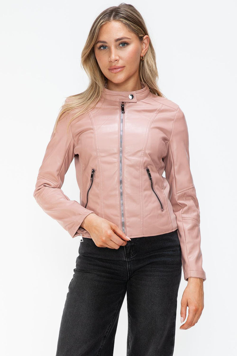 Snobbish Faux Leather Zip Up Drawstring Hooded Jacket - Three Mad Hatters Mercantile 