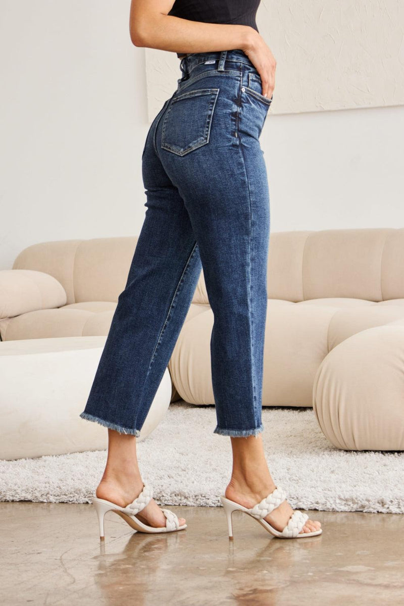RFM Tummy Control High Waist Raw Hem Jeans - Three Mad Hatters Mercantile 