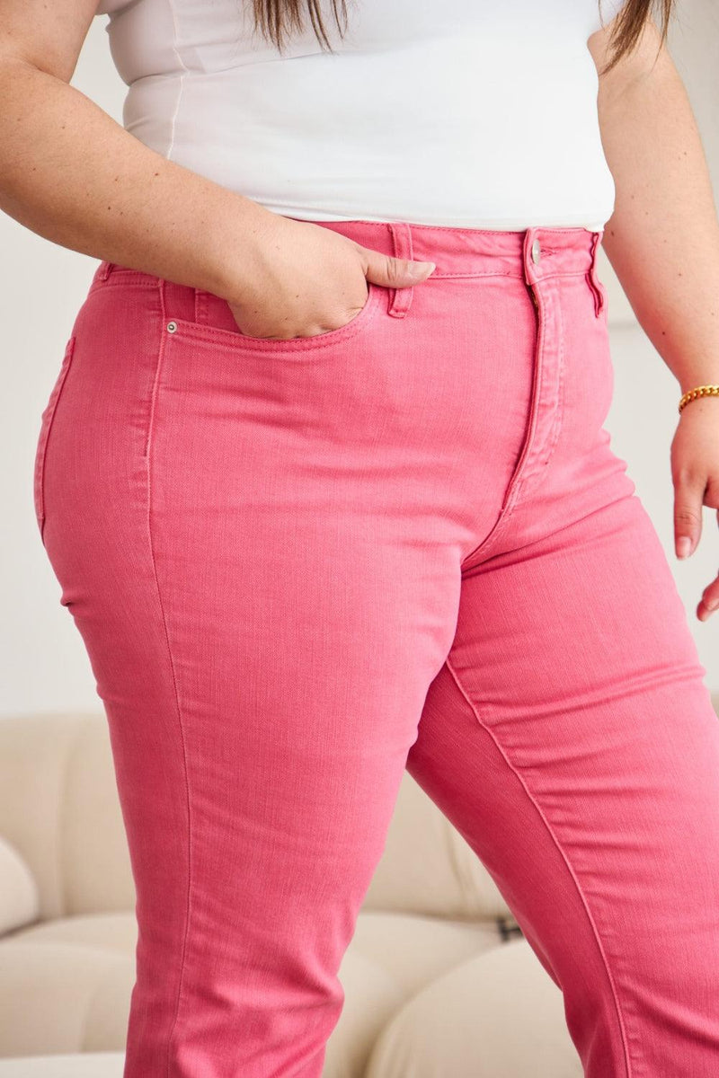 RFM Crop Dylan Tummy Control High Waist Raw Hem Jeans - Three Mad Hatters Mercantile 