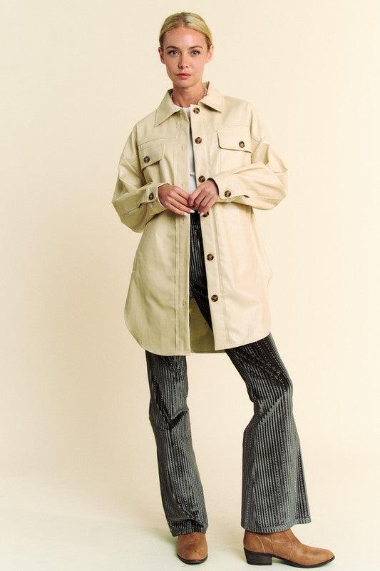 Davi & Dani Faux Leather Button Up Jacket with Chest Pockets - Three Mad Hatters Mercantile 