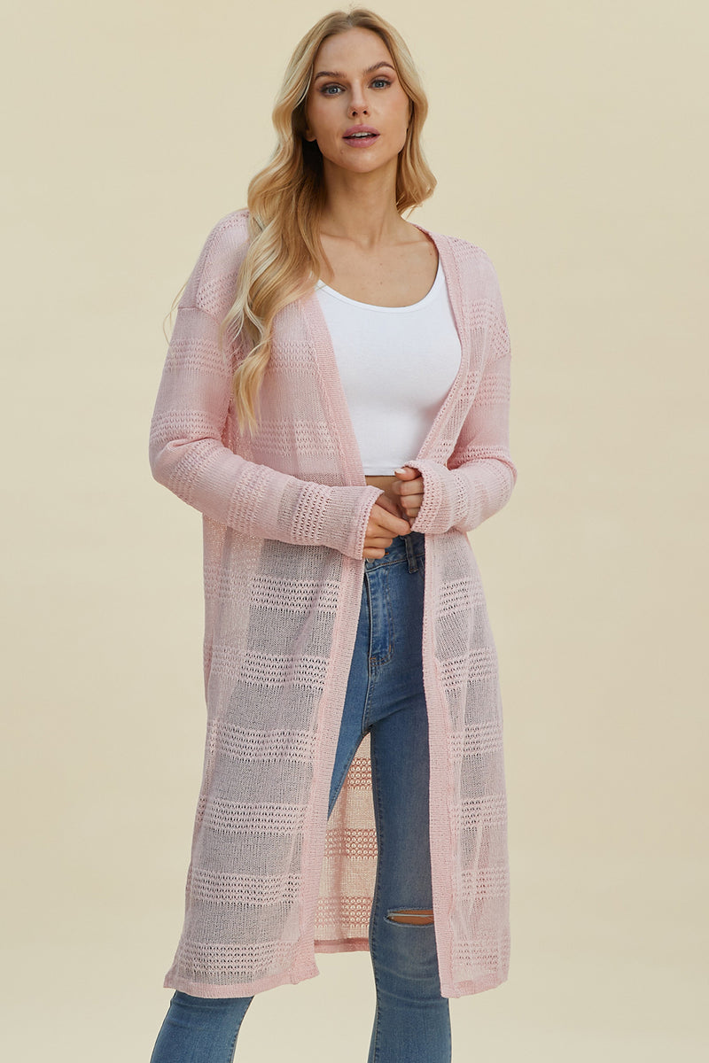 Double Take Open Front Longline Cardigan Cardigan Blush Pink S