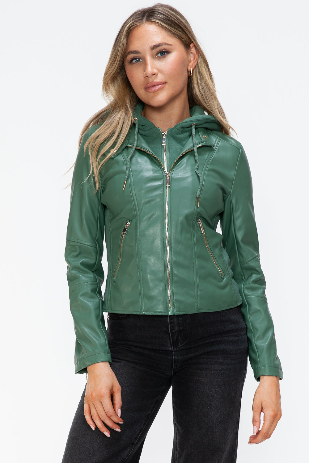 Snobbish Faux Leather Zip Up Drawstring Hooded Jacket Womens Jacket Sage S