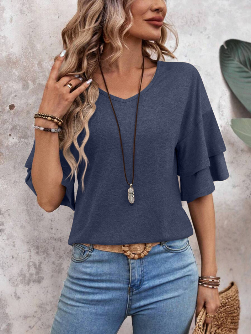 V-Neck Half Sleeve Blouse Womens Tops   