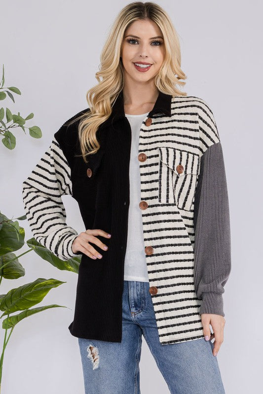 Celeste Striped Button Up Dropped Shoulder Shacket Womens shirts