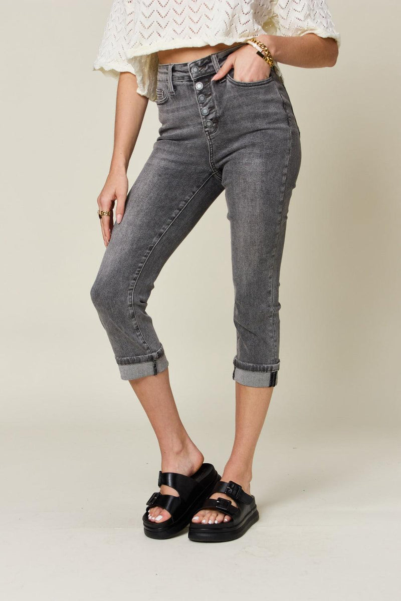 Judy Blue Button Fly High Waist Cuffed Capris - Three Mad Hatters Mercantile 