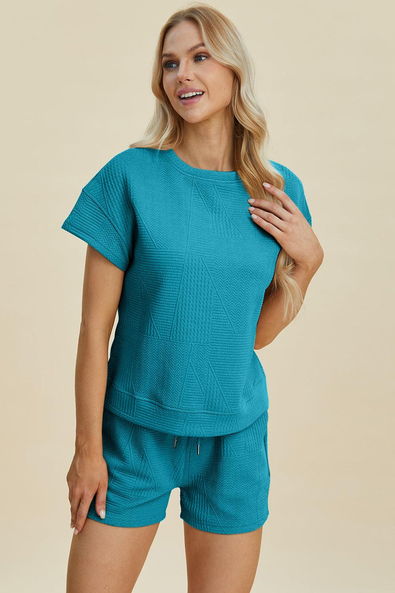 Double Take Full Size Texture Short Sleeve Top and Shorts Set - Three Mad Hatters Mercantile 
