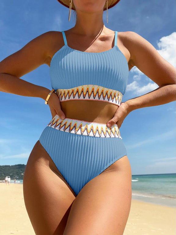 Scoop Neck Spaghetti Strap Two-Piece Swim Set  Light Blue S 